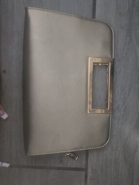 Metallic Taupe Clutch with Rectangular Gold Handle